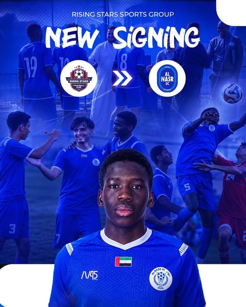 New signing announcement for Rising Stars Sports Group, featuring young footballer in blue jersey with team crest and UAE flag